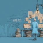 Ilustración conceptual de un sistema automatizado de traducción editorial con IA y revisión humana trabajando en varios idiomas.