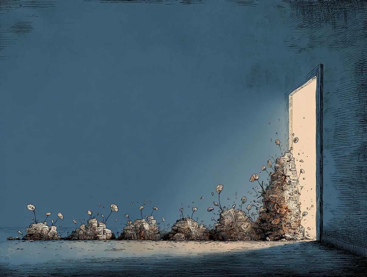 Ilustración minimalista que representa el crecimiento de una startup transformándose del caos a la estructura, metáfora visual del orden y la escalabilidad con sistemas de contenido y IA.